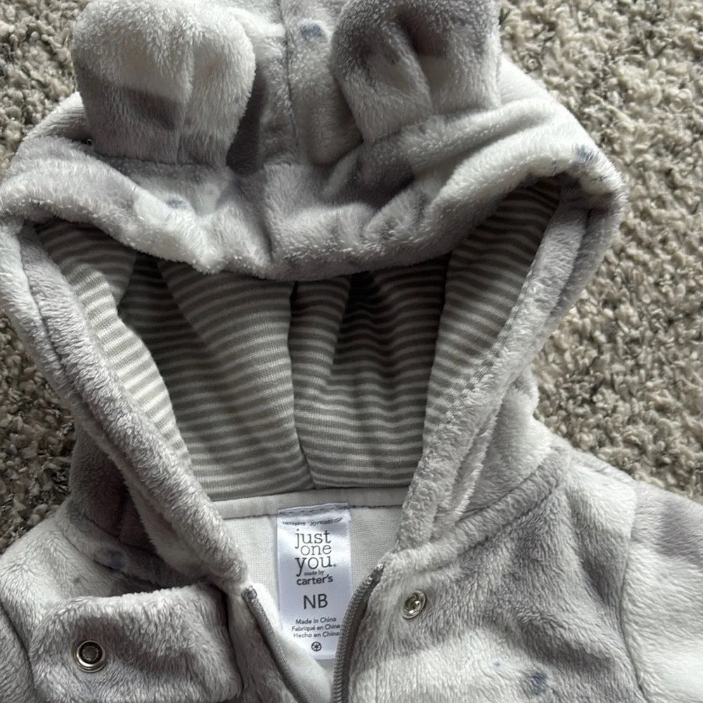 Carter's Gray Footies One Piece with mittens and hood bear design CUTE AND SOFT!
